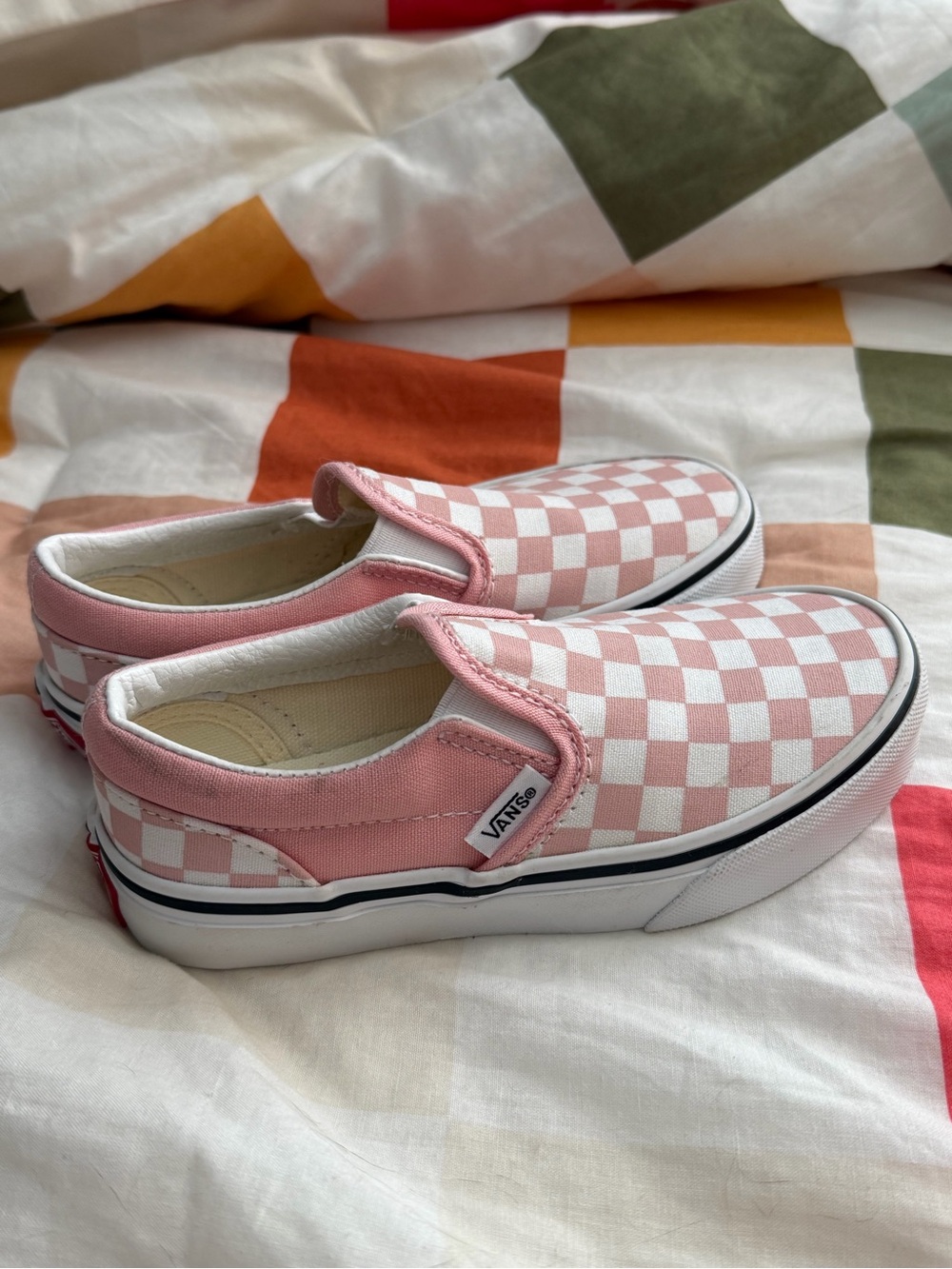 Vans Kids Checkerboard Slip-On Sneakers in Pink and White